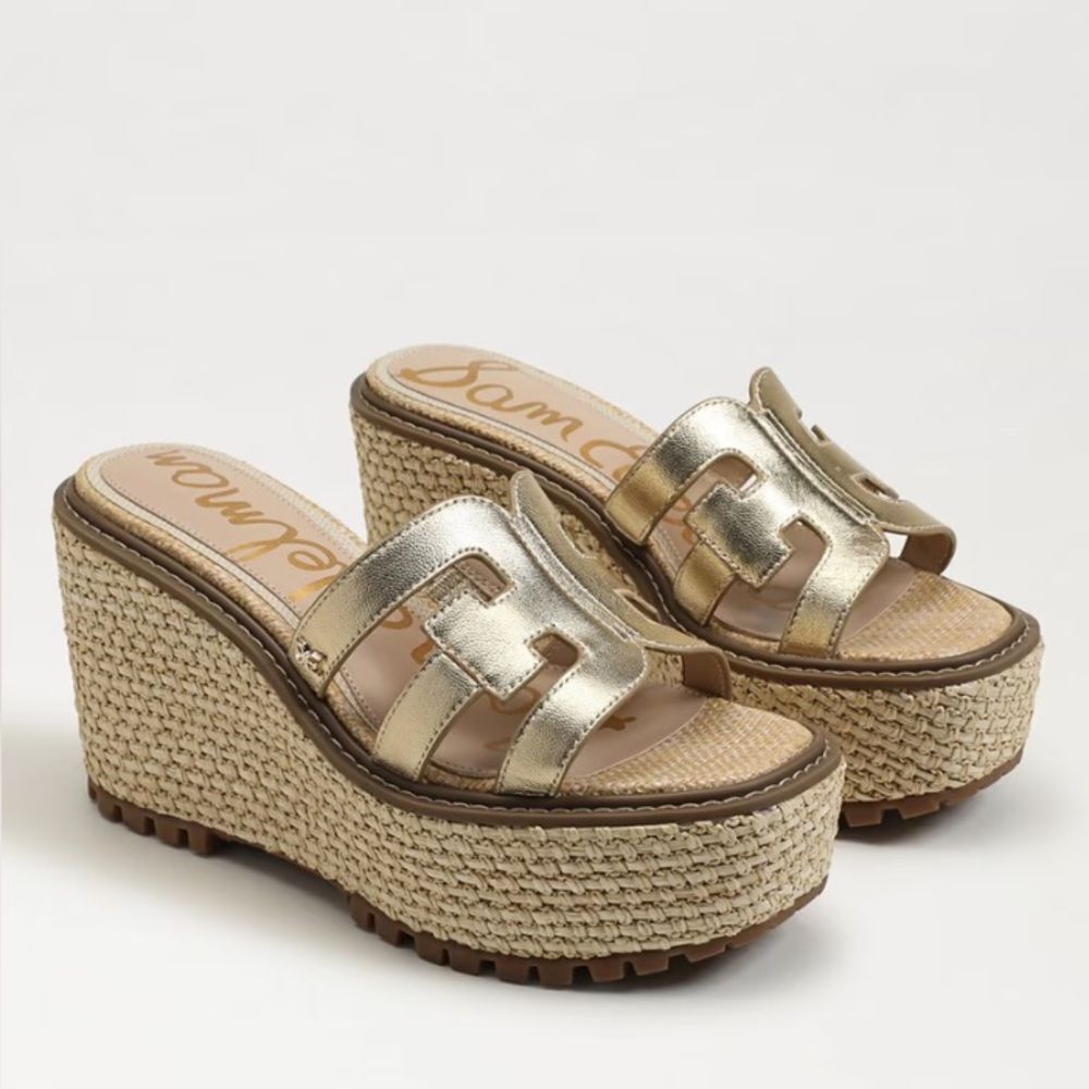 NEW Sam Edelman Laine Platform Wedge Sandal Gold Leather Size 9.5 - Picture 2 of 5